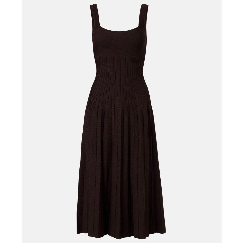 STAUD Chocolate Brown Ribbed Knit Midi Dress